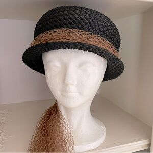 Vintage Joseph Magnin black woven straw cloche hat, brown netting veil and band